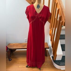 Vintage Inspired Red Midi Dress with Bow Accent